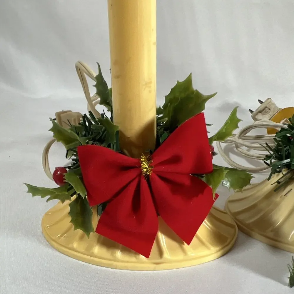 Vintage Set of 4 Plug-In Electric Christmas Window Candle Lights Holly Red Bows